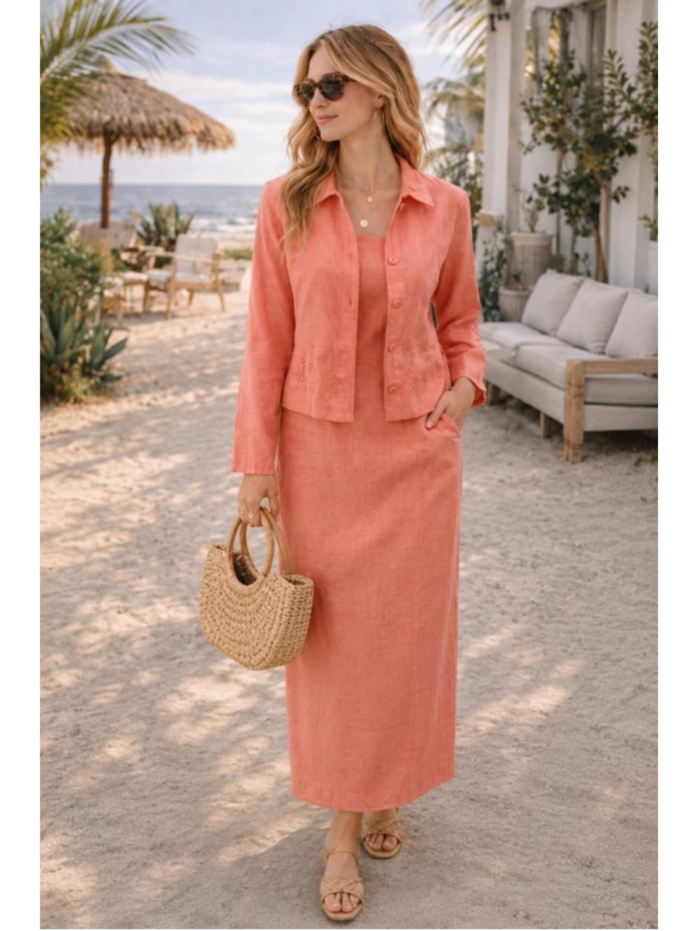 Linen 2pc Set Coral Jacket Dress Set Beach Coastal Chic Embroidered Women’s Sz S